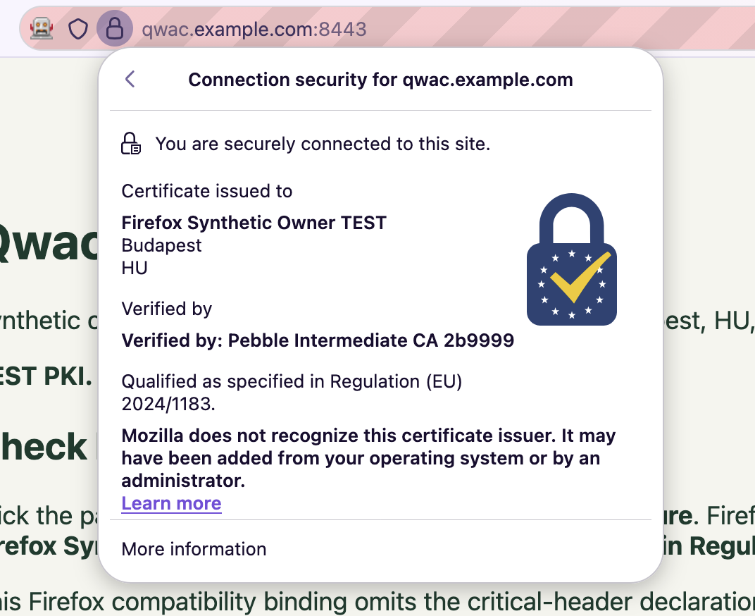 Firefox native identity panel with synthetic test credentials